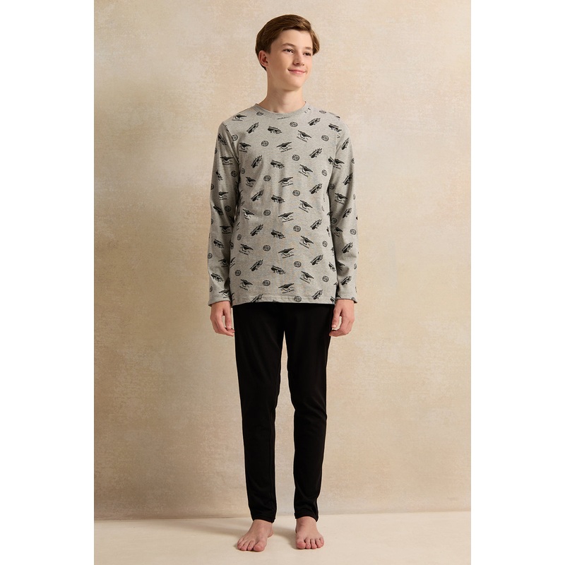 Senior Boys Grey And Black Printed Pyjama set (2 Piece)