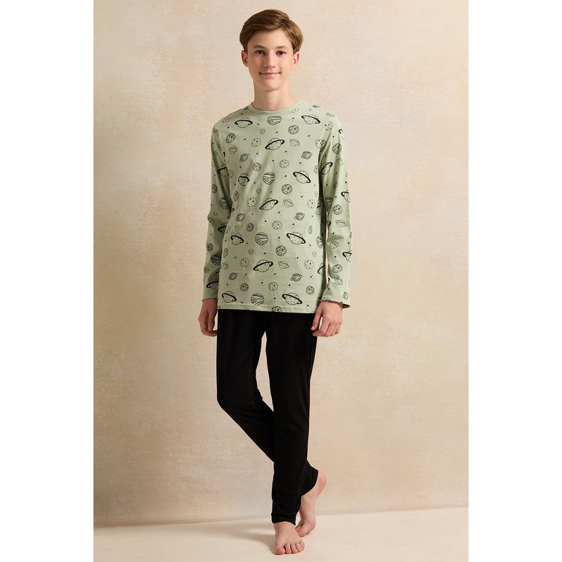 Senior Boys Olive And Black Printed Pyjama set (2 Piece)