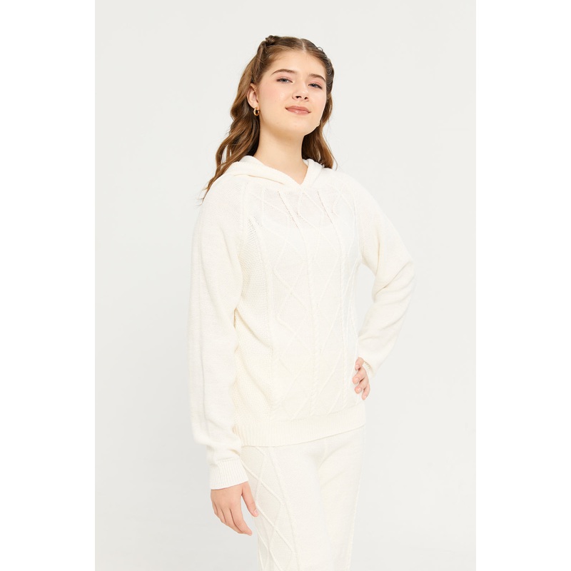 Senior Girl White Cable Knit Hooded Sweatshirt