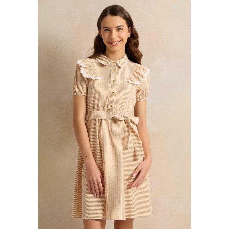 Senior Girls Beige And White Striped Collared Dress