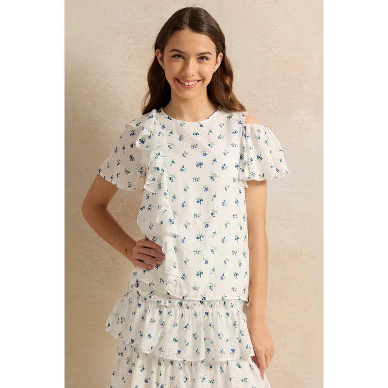 Senior Girls White Printed Blouse