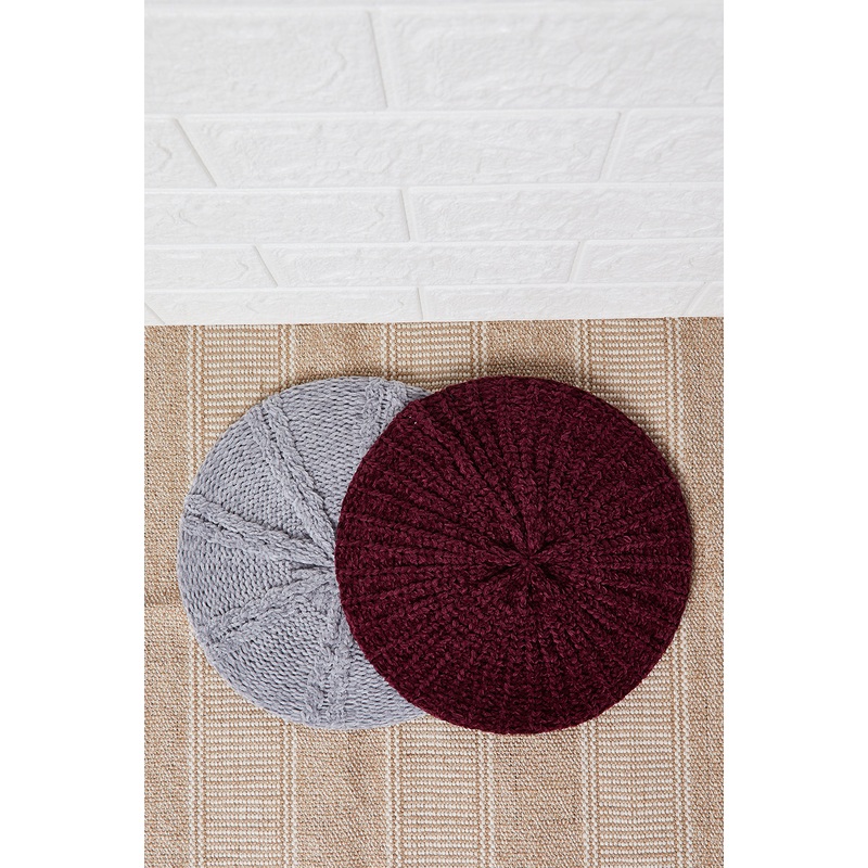 Women Burgundy And Grey Knitted Cap Set (2 Piece)