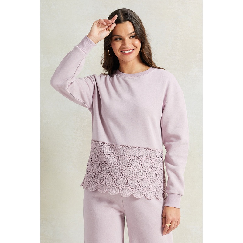 Women Lilac Sweatshirt With Bottom Lace Hem