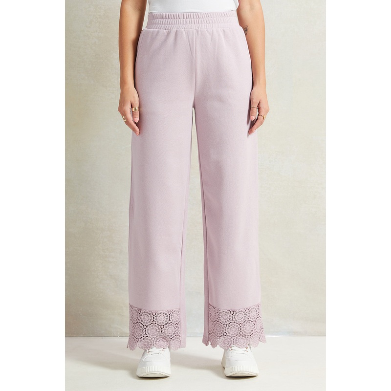 Women Lilac Wide Leg Pant With Lace Details