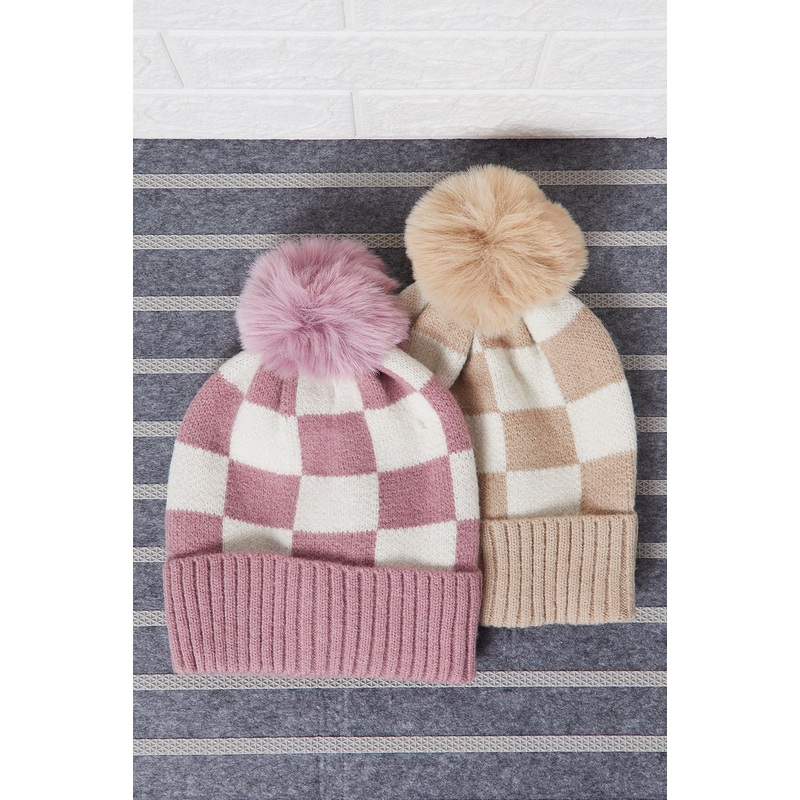 Women Pink And Beige Knitted Cap Set (2 Piece)