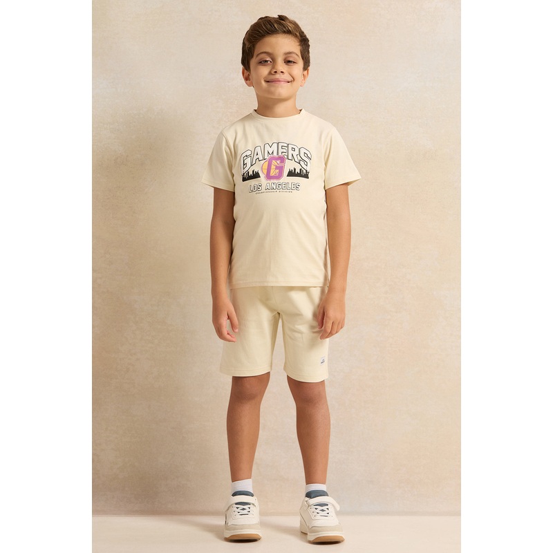 Boys Beige Printed Casual Set (2 Piece)