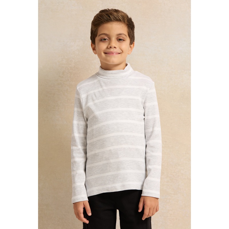 Boys Grey And White Striped High-Neck T-Shirt