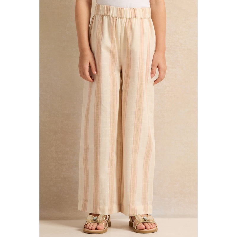 Girls Beige Striped Wide Leg Trousers