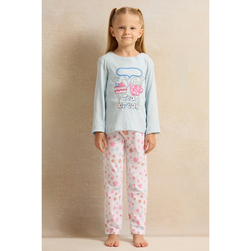 Girls Blue And White Printed Pyjama Set (2 Piece)