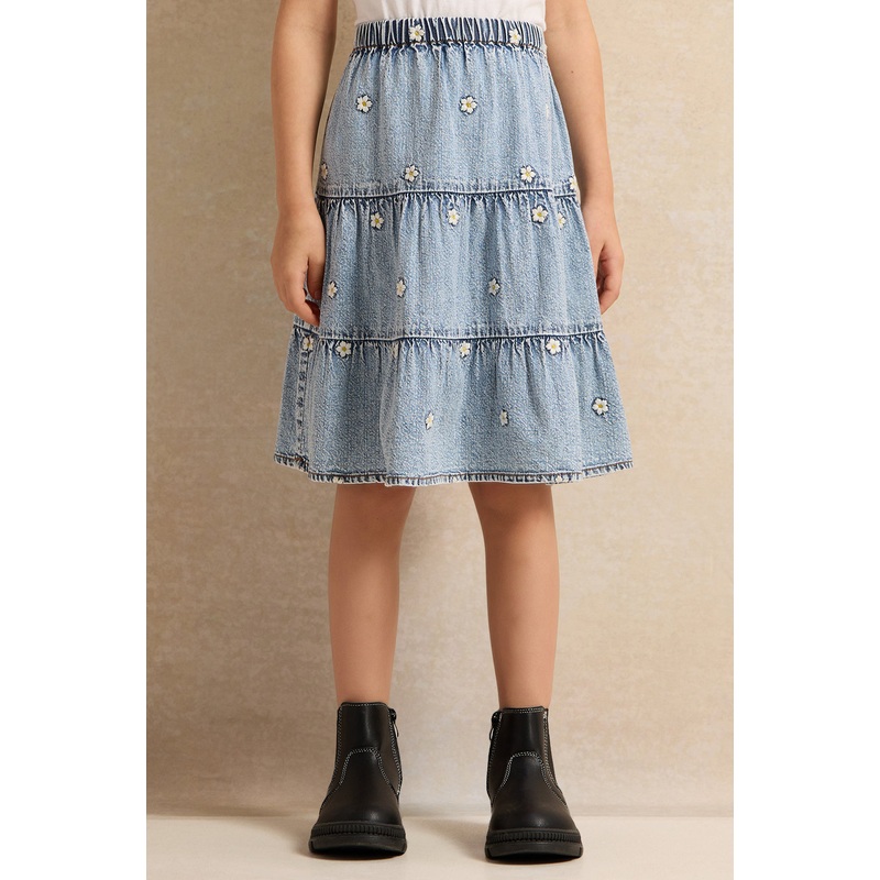 Girls Blue Embroidered Denim Skirt