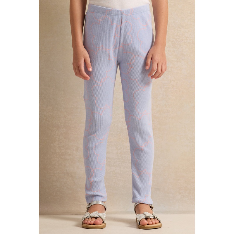 Girls Blue Floral Ribbed Leggings