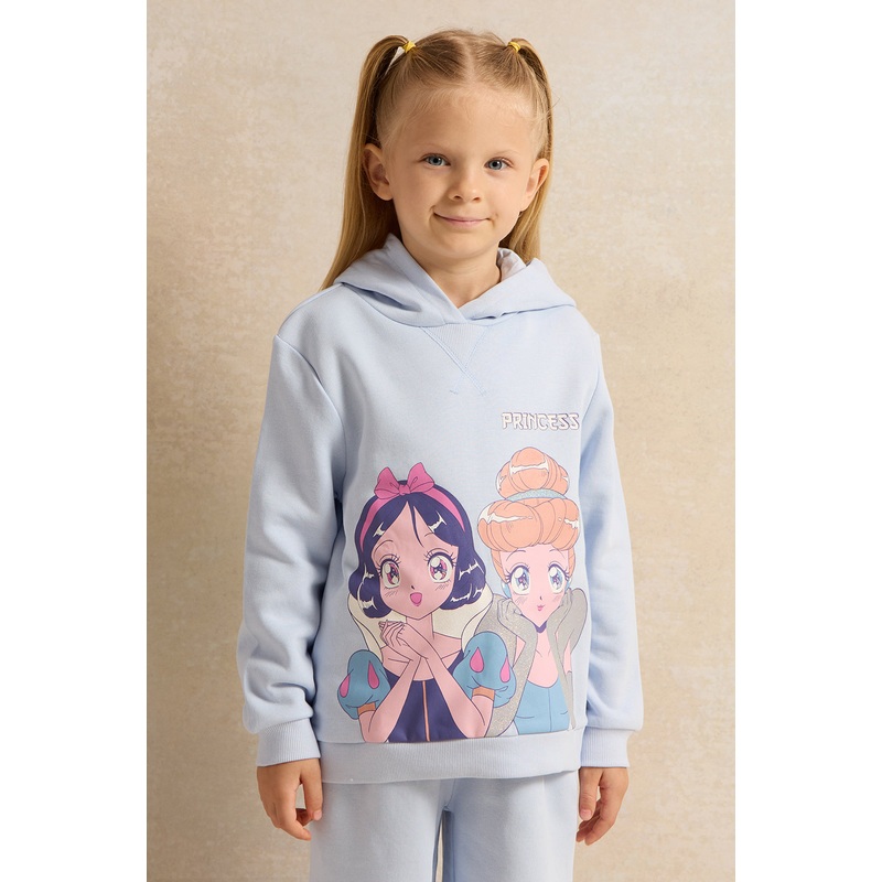 Girls Blue Princess Print Hooded Sweatshirt