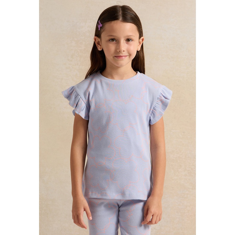 Girls Blue Rib Frill Sleeve T-Shirt