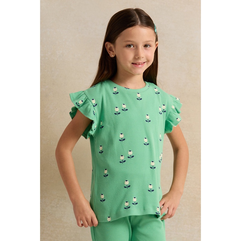 Girls Green Floral Rib Frill Sleeve T-Shirt