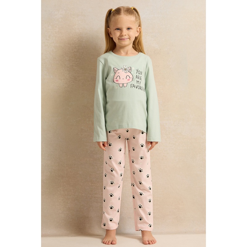 Girls Mint And Pink Printed Pyjama Set (2 Piece)