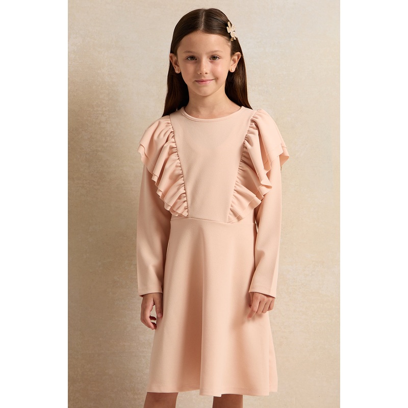 Girls Peach Frill Long Sleeves Dress