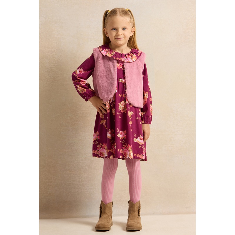 Girls  Pink Floral Aop Dress With Vest  (2 Piece)