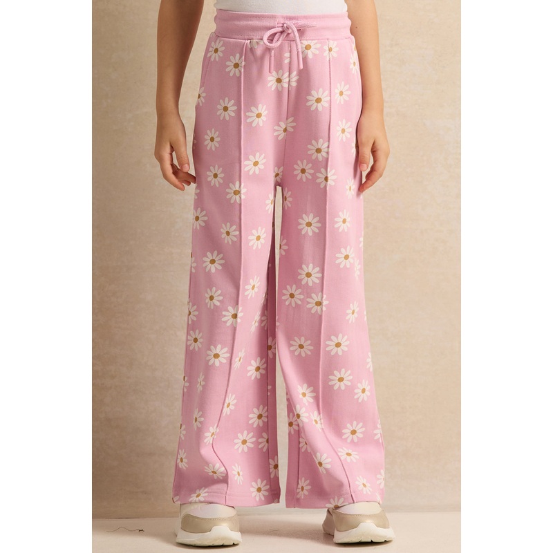 Girls Pink Floral Printed Track Pants