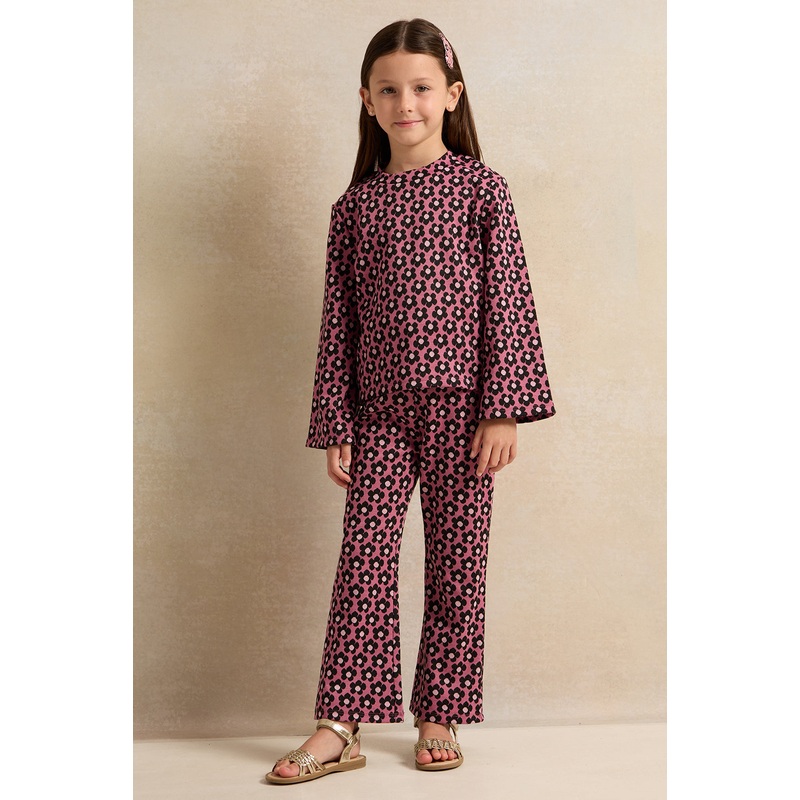 Girls Pink Flower Allover Print Casual Set (2 Piece)