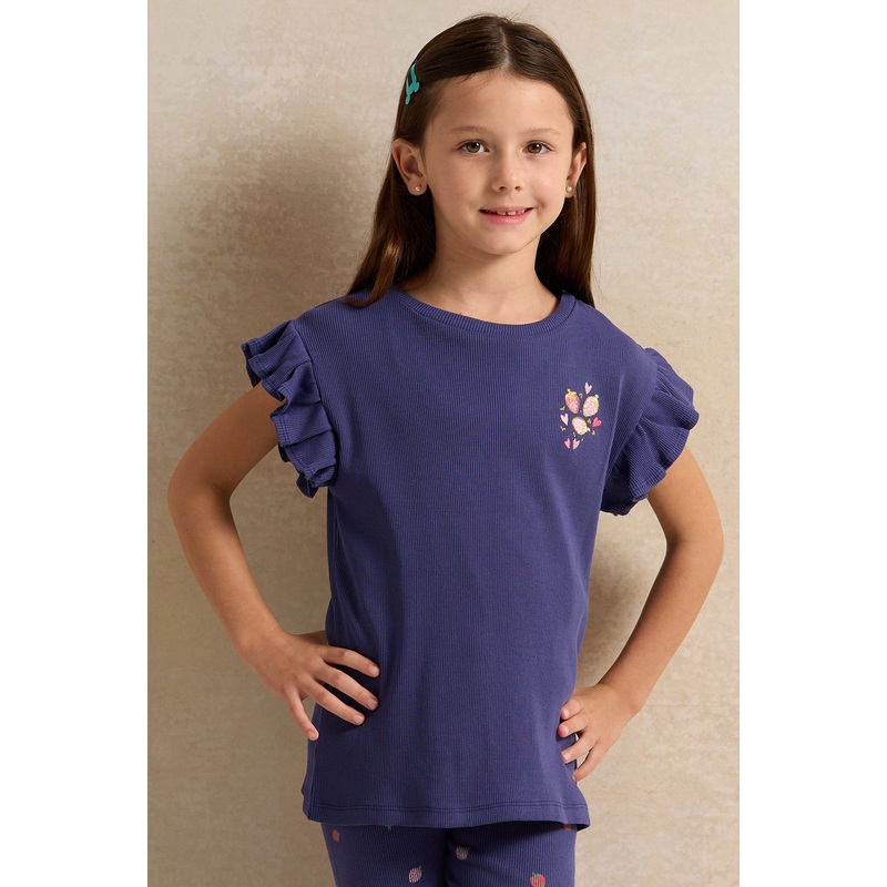 Girls Violet Fruits Print Rib Frill Sleeve T-Shirt