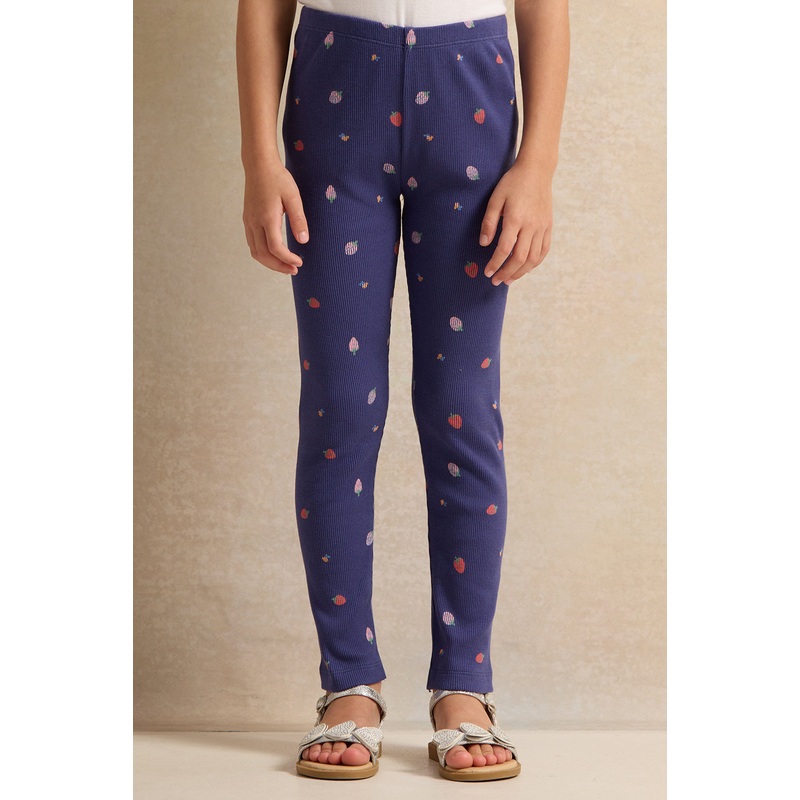 Girls Violet Printed Ribbed Leggings