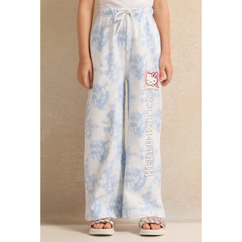 Girls White And Blue Printed Track Pants