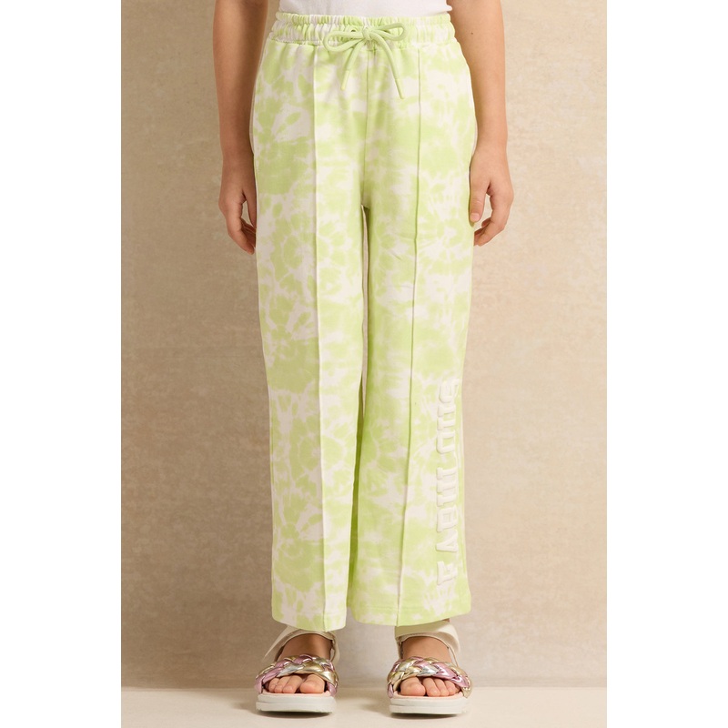 Girls White And Green Printed Track Pants