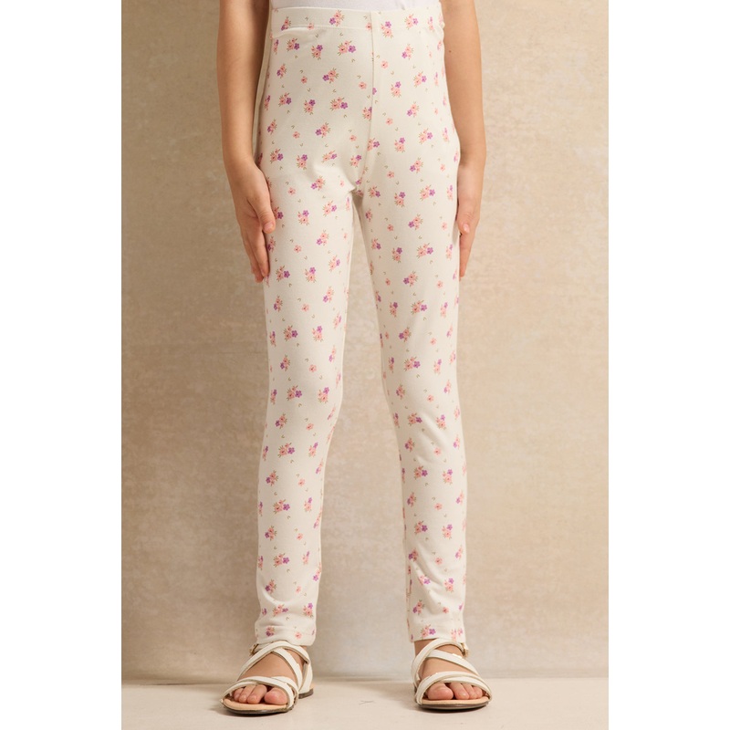 Girls White Floral Print Leggings