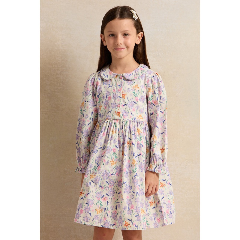 Girls White Floral Printed Dress