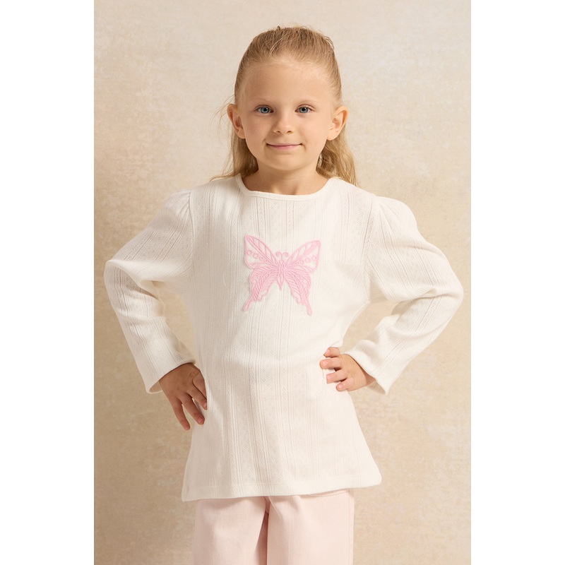 Girls White Long Sleeve Embroidered T-Shirt