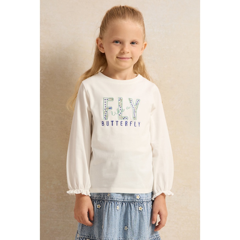 Girls White Long Sleeve Printed T-Shirt