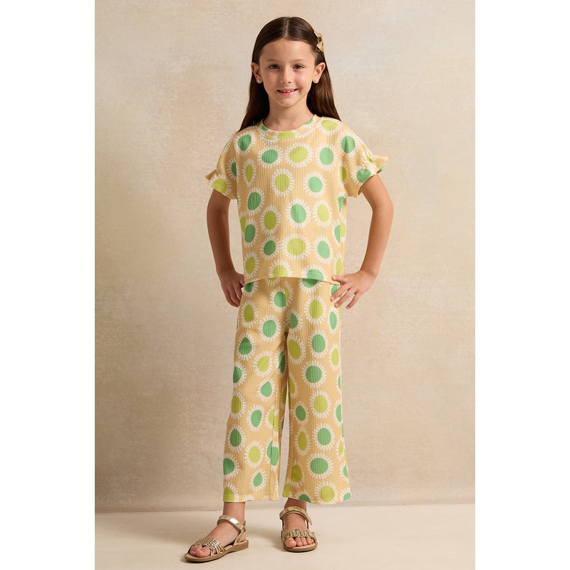 Girls Yellow  Floral Printed Set (2 Piece)