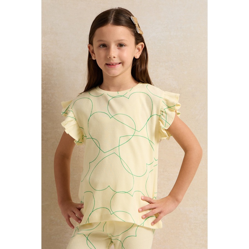Girls Yellow Heart  Rib Frill Sleeve T- Shirt