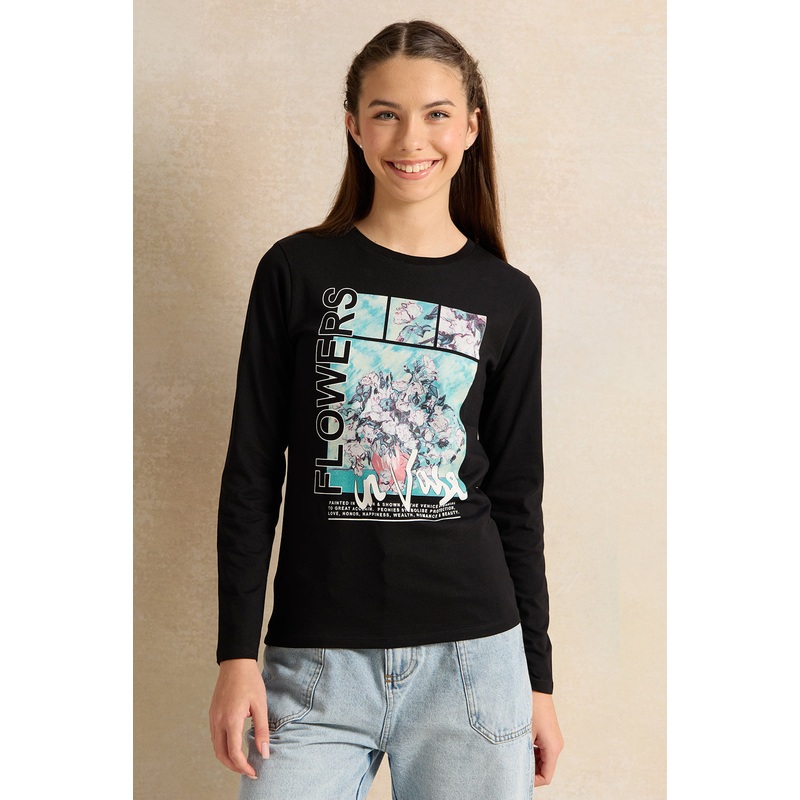 Senior Girls Black Floral T-Shirts