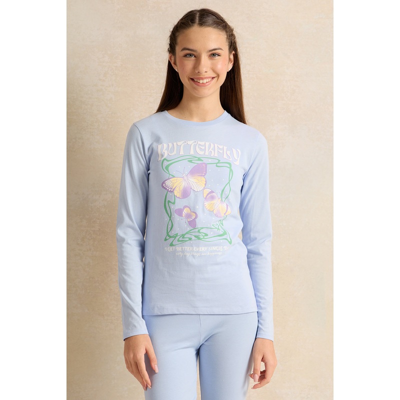 Senior Girls Blue Butterfly Printed T-Shirt