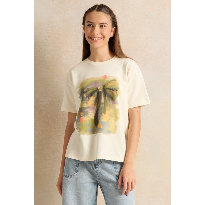 Senior Girls Cream Printed T-Shirt