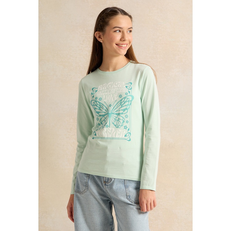 Senior Girls Mint Butterfly Printed T-Shirt