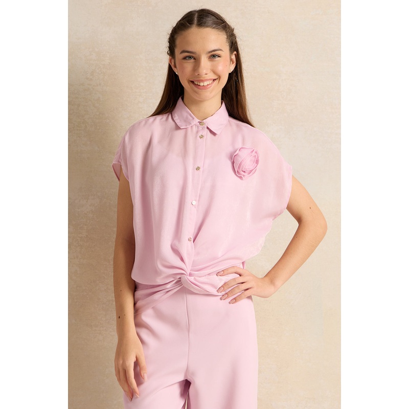 Senior Girls Pink Front Tie Sateen Top With Floral