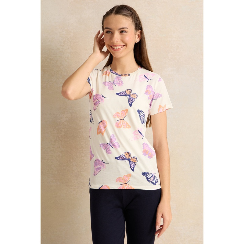 Senior Girls White Butterfly Printed T-Shirt