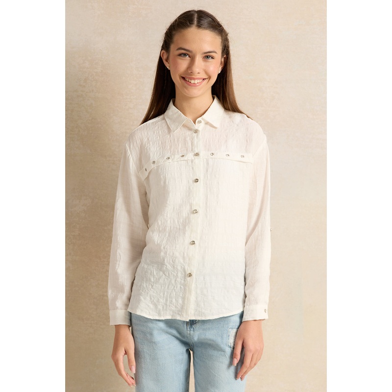 Senior Girls White Embellished Shirt With Eyelets Contrast