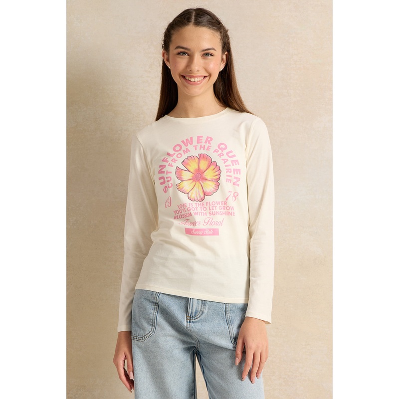 Senior Girls White Floral Print T-Shirt