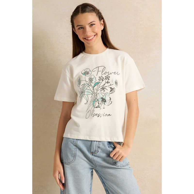Senior Girls White Printed  T-Shirt