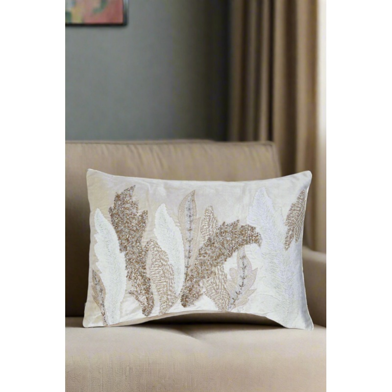 Beige And Grey Feather Embroidered Cushion