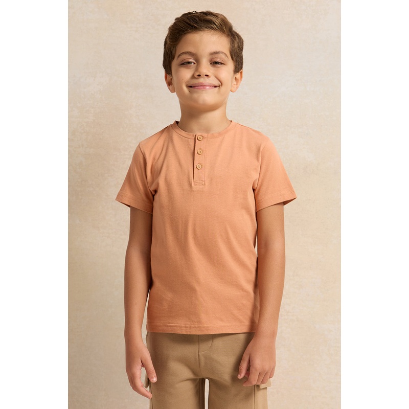 Boys Beige Solid Short Sleeve Henley T-Shirt