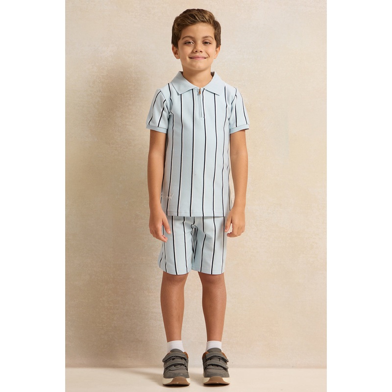 Boys Blue Stripe Polo Shirt And Shorts Set (2 Piece)