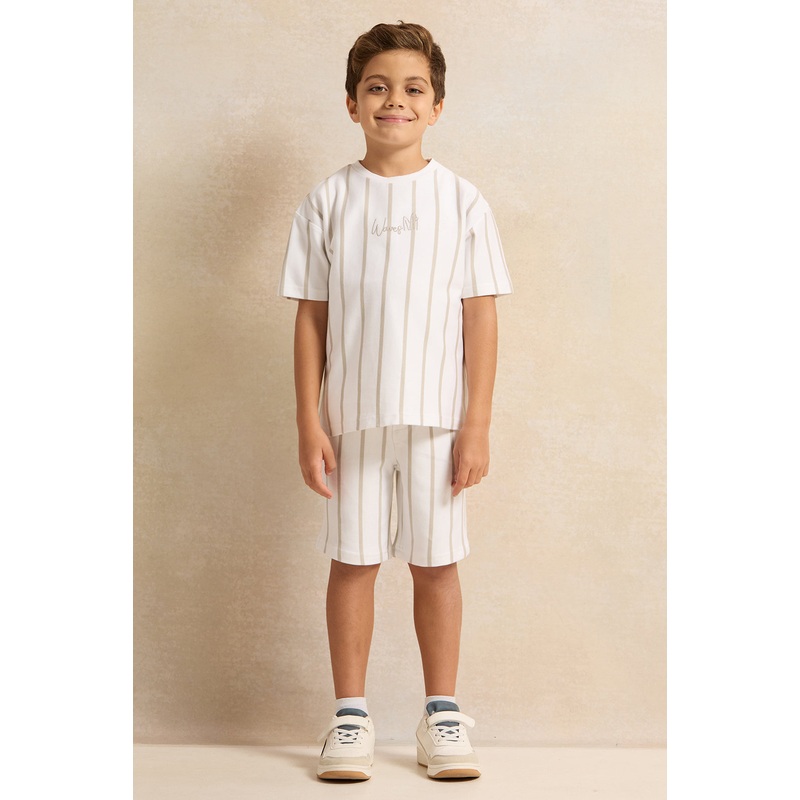 Boys White Striped T-Shirt And Shorts Set (2 Piece)