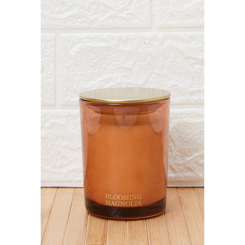 Brown Blooming Mangnolia Glass Candle Jar With Lid