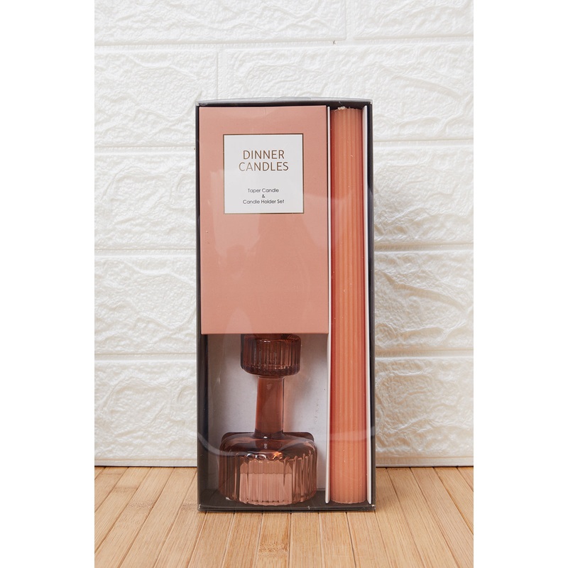 Brown Blooming Mangnolia Taper Candle And Candle Holder Set (2 Piece)