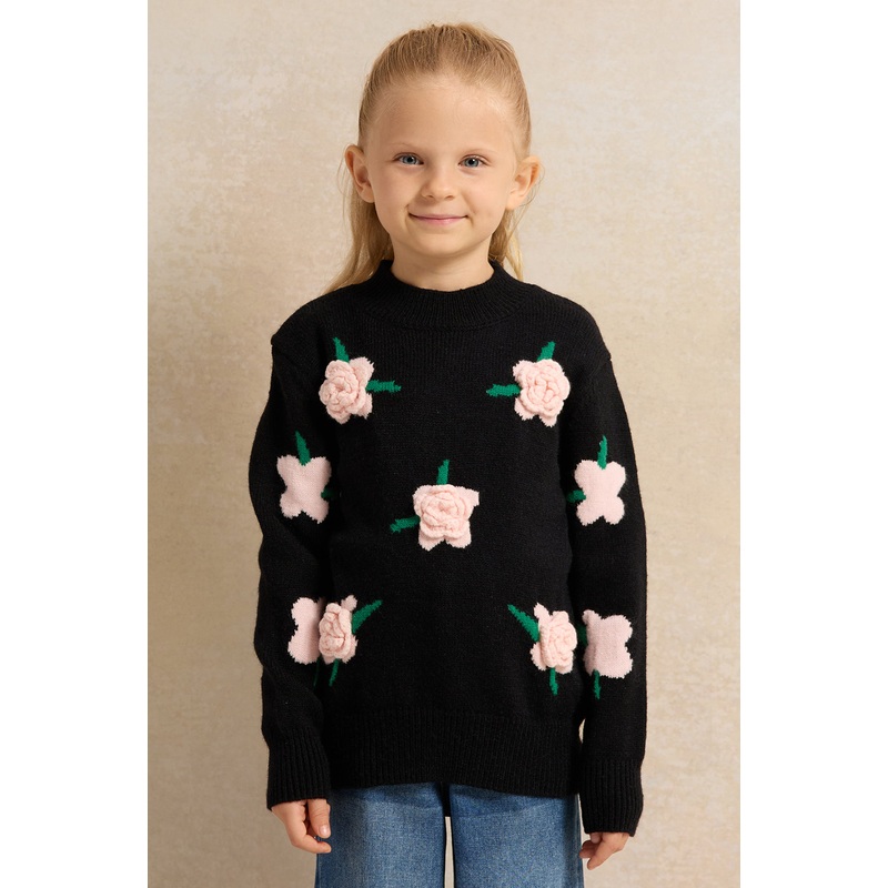 Girls Black 3D Flower Pullover