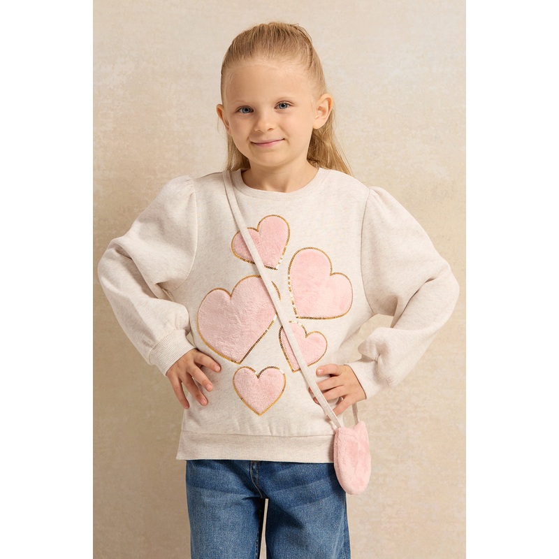Girls Ecru Heart Embellishment Sweatshirt With Handbag (2 Piece)
